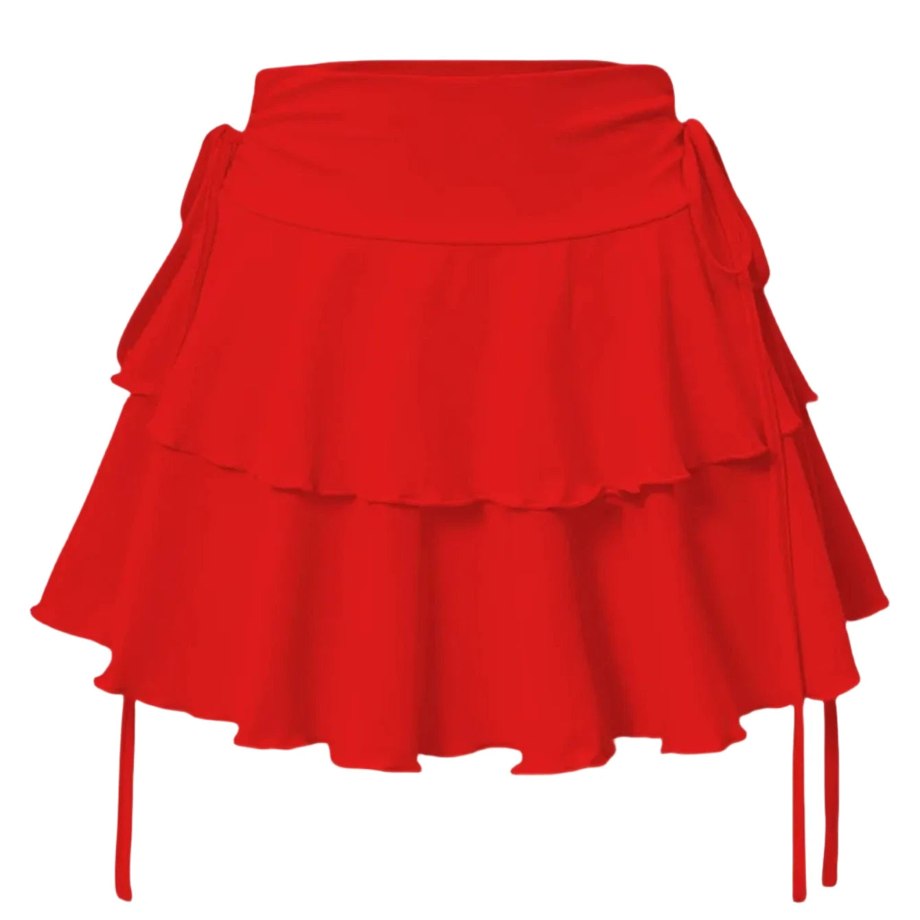 Jupe Cherry Aka courte évasée à taille haute rouge, volants superposés et liens sur les côtés