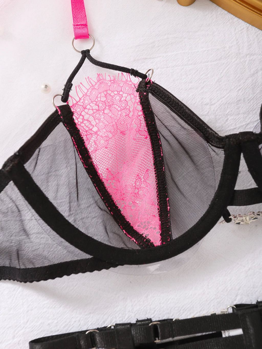 SMPG Ethical Mesh Lingerie Set, Pink and Black, Straps