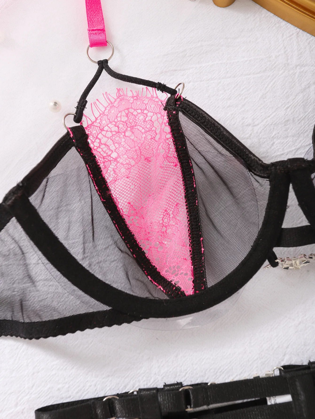 SMPG Ethical Mesh Lingerie Set, Pink and Black, Straps