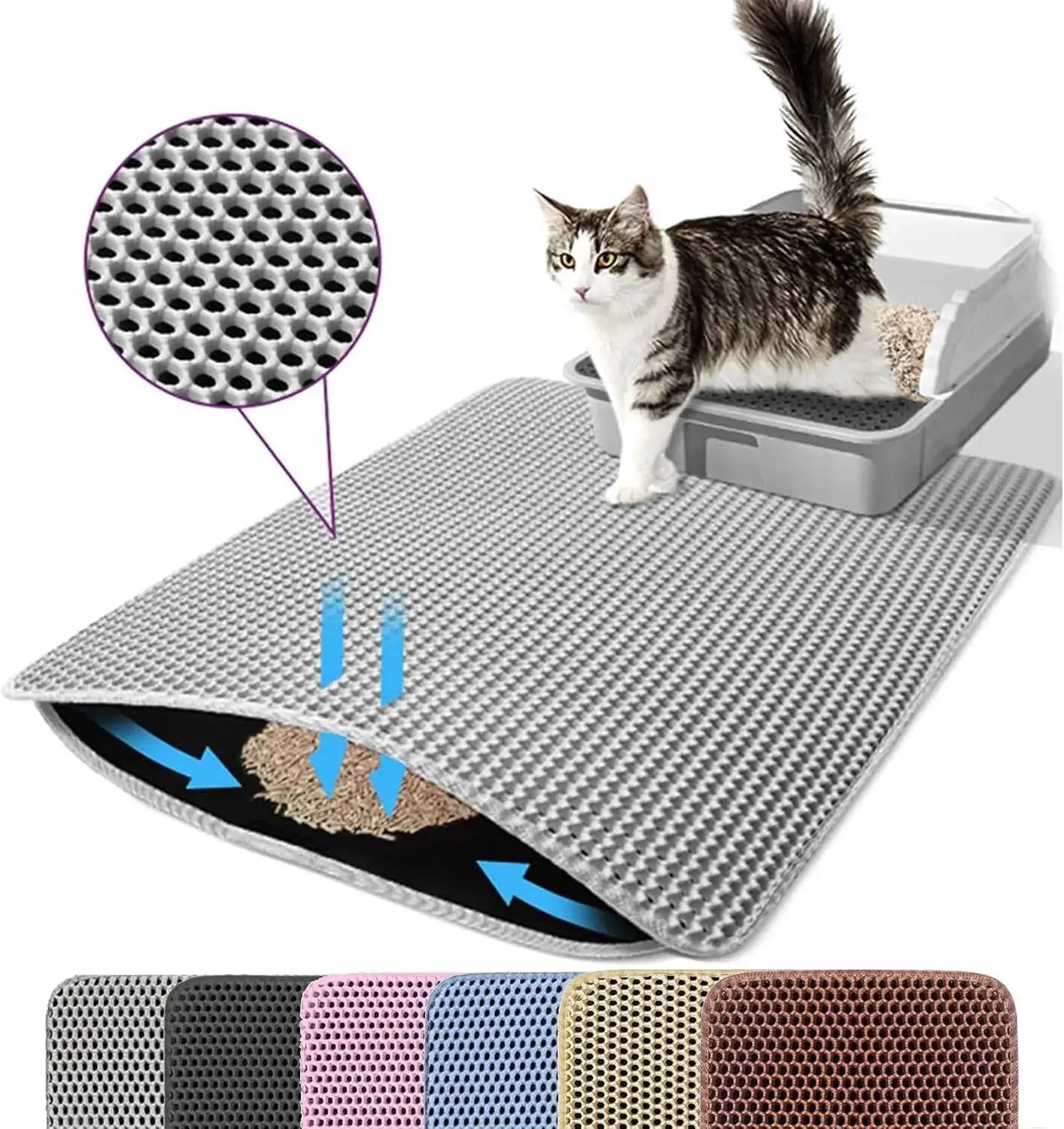 Tapis de litière pour chat double couche antidérapant, gris clair, motif nid d'abeille