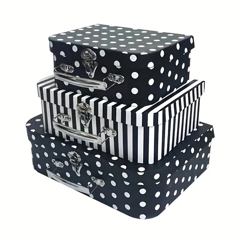 Vintage Geschenkbox aus Karton mit Polka-Dots und Streifen, 3-teilig