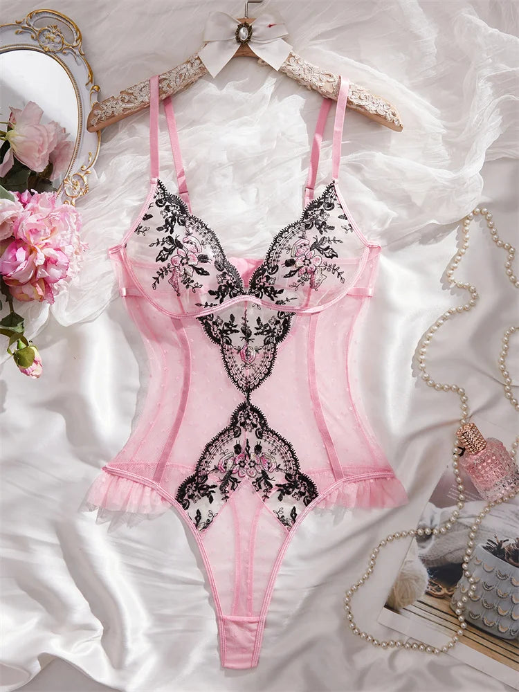 Rosa Dessous-Body mit floraler Stickerei – figurformender Mesh ohne Ärmel