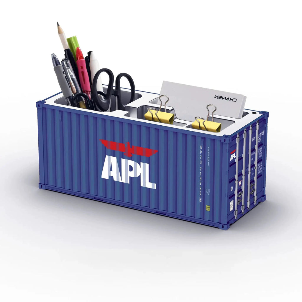 Porte-stylos conteneur maritime bleu, organisateur bureau avec logo APL
