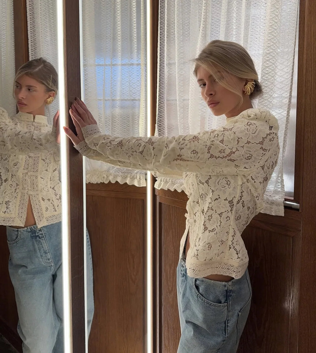 Tossy Chemise Dentelle Imprimée Transparente Écru Manches Longues