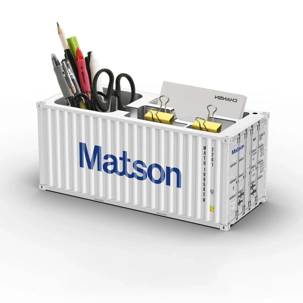 Porte-stylos organisateur bureau en conteneur maritime blanc avec logo Matson