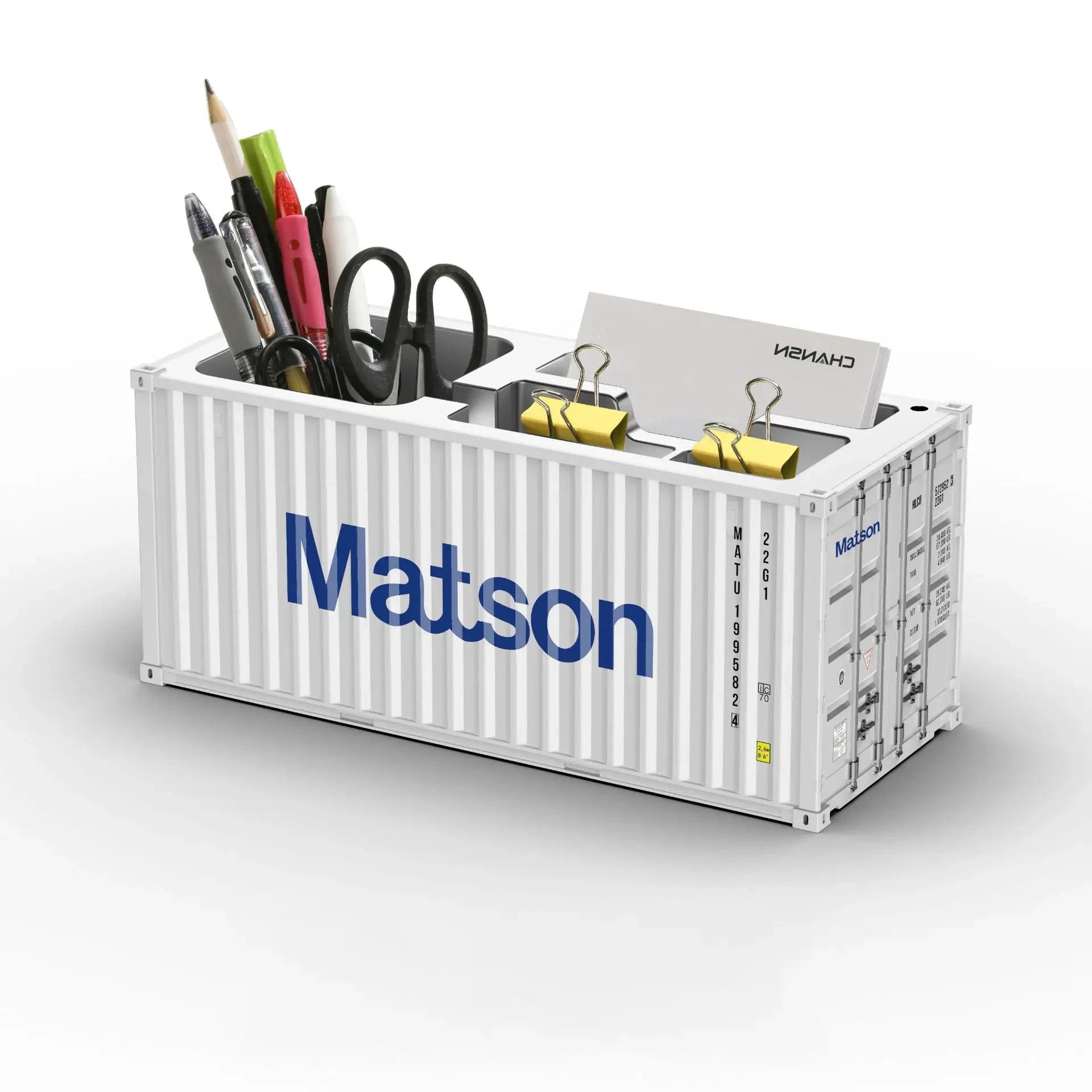 Porte-stylos organisateur bureau en conteneur maritime blanc avec logo Matson