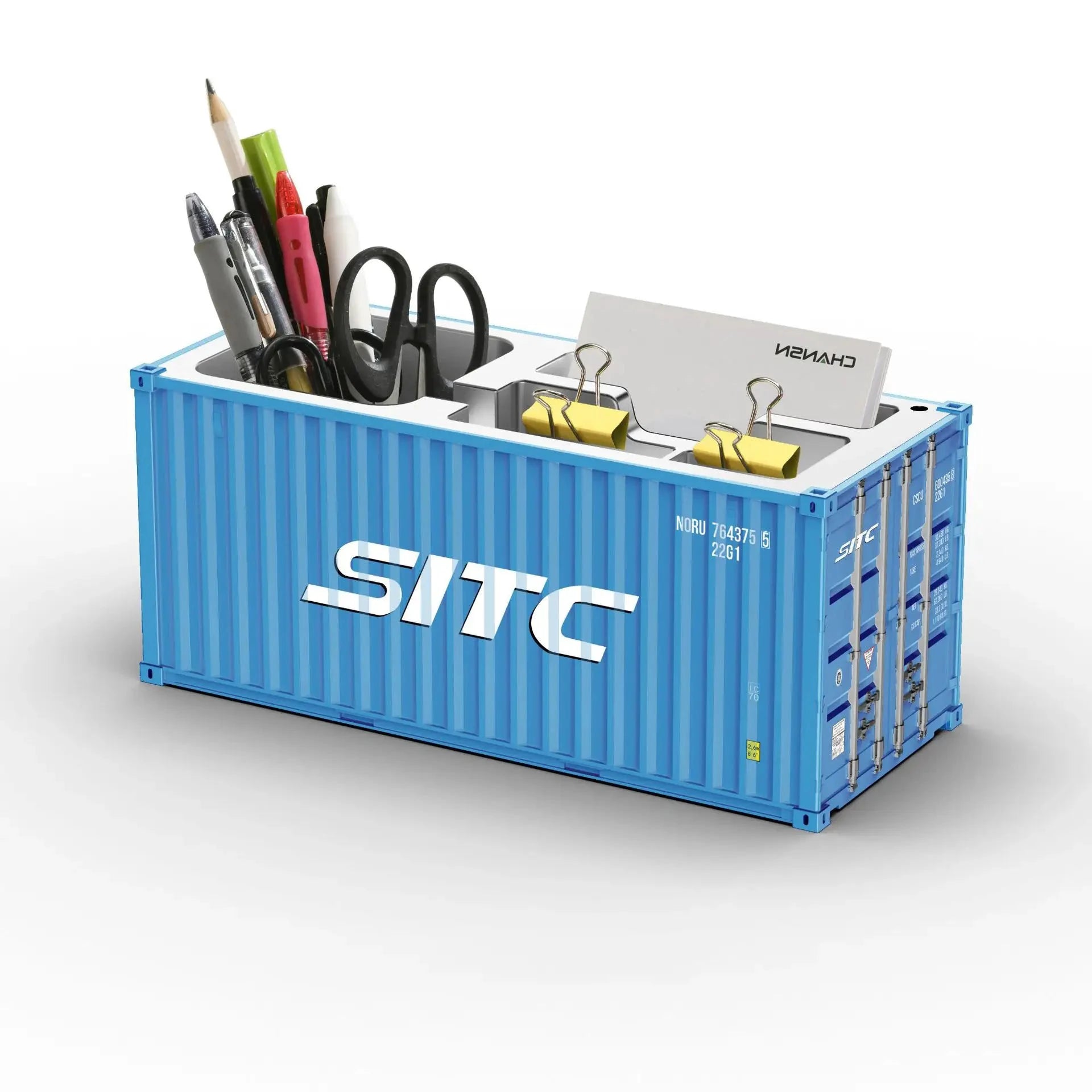 Porte-stylos en forme de conteneur maritime, bleu, organiseur bureau en métal
