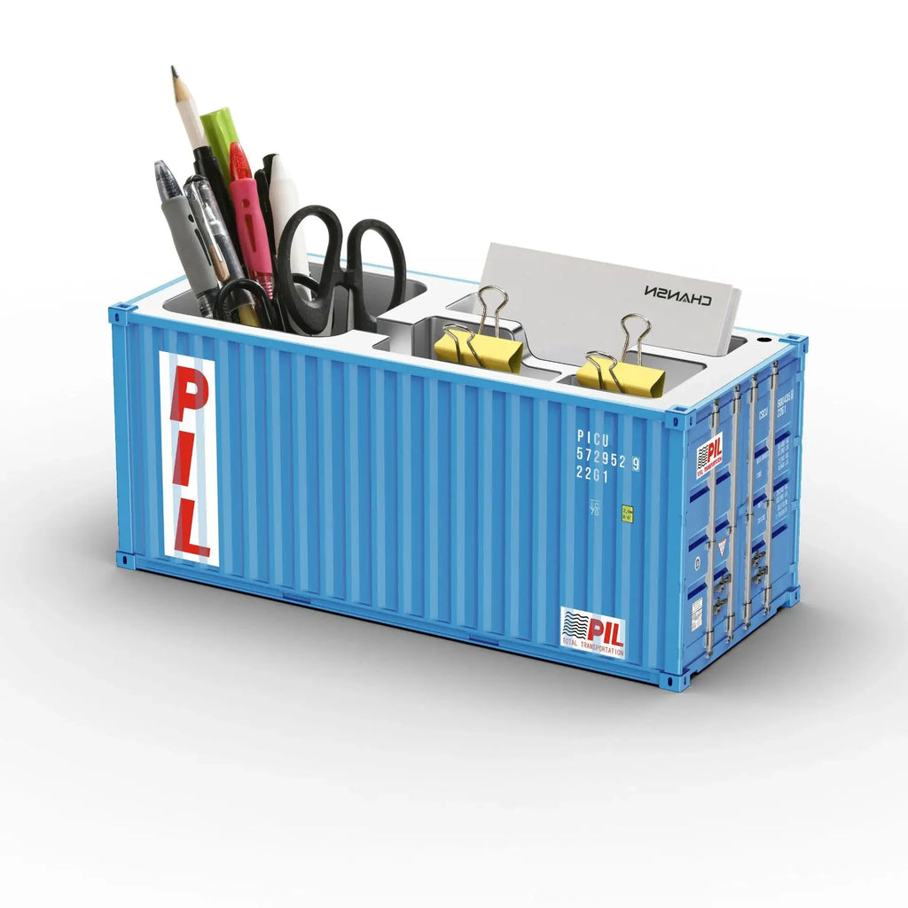 Porte-stylos bleu en conteneur maritime, organisateur de bureau avec stylos et accessoires; logo PIL