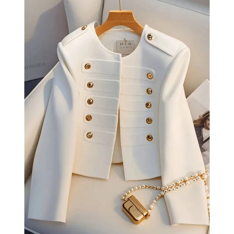 LBP Baiping Veste Femme Court Blanc Boutons Dorés Double Rangée