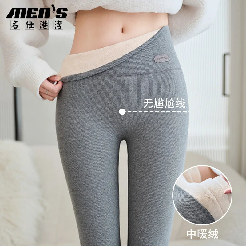 Leggings Femme Coton Spandex Polaire Gris Taille Haute
