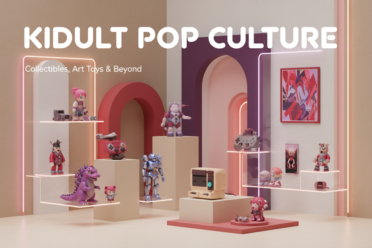 A vibrant, stylish banner for a “Kidult Pop Culture” landing page, featuring collectible figurines, designer toys and pop culture objects inspired by anime, gaming, movies and street art.

The scene is playful yet premium: colorful art toys displayed like a curated gallery, soft neon accents, bold shapes, and a clean lifestyle background.

Atmosphere: nostalgic, creative, fun, slightly futuristic, appealing to adults who grew up with pop culture.

Color palette: warm pinks, purples, soft reds, with neutral 