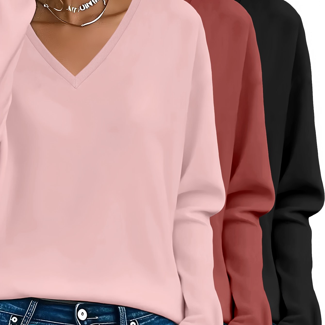 Lot de 3 Pulls Femme Col V Manches Longues 100 Pour Cent Coton Style Casual Élégant by LSDLBoutique.ch