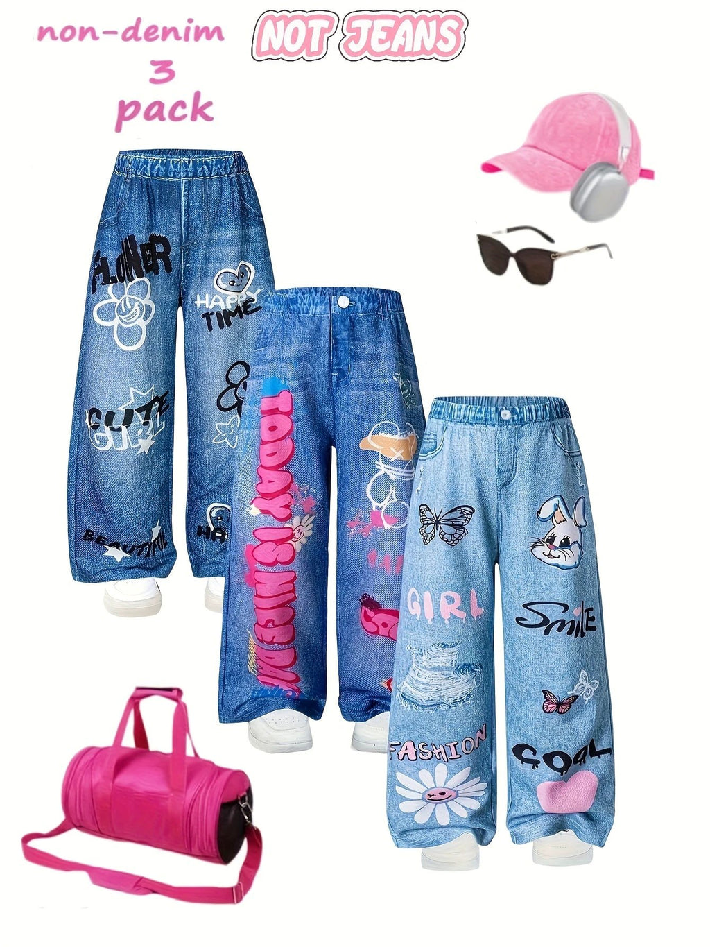 Not Jeans Pantalons Filles Longs Lot de 3 Graffiti Lettres Fleurs