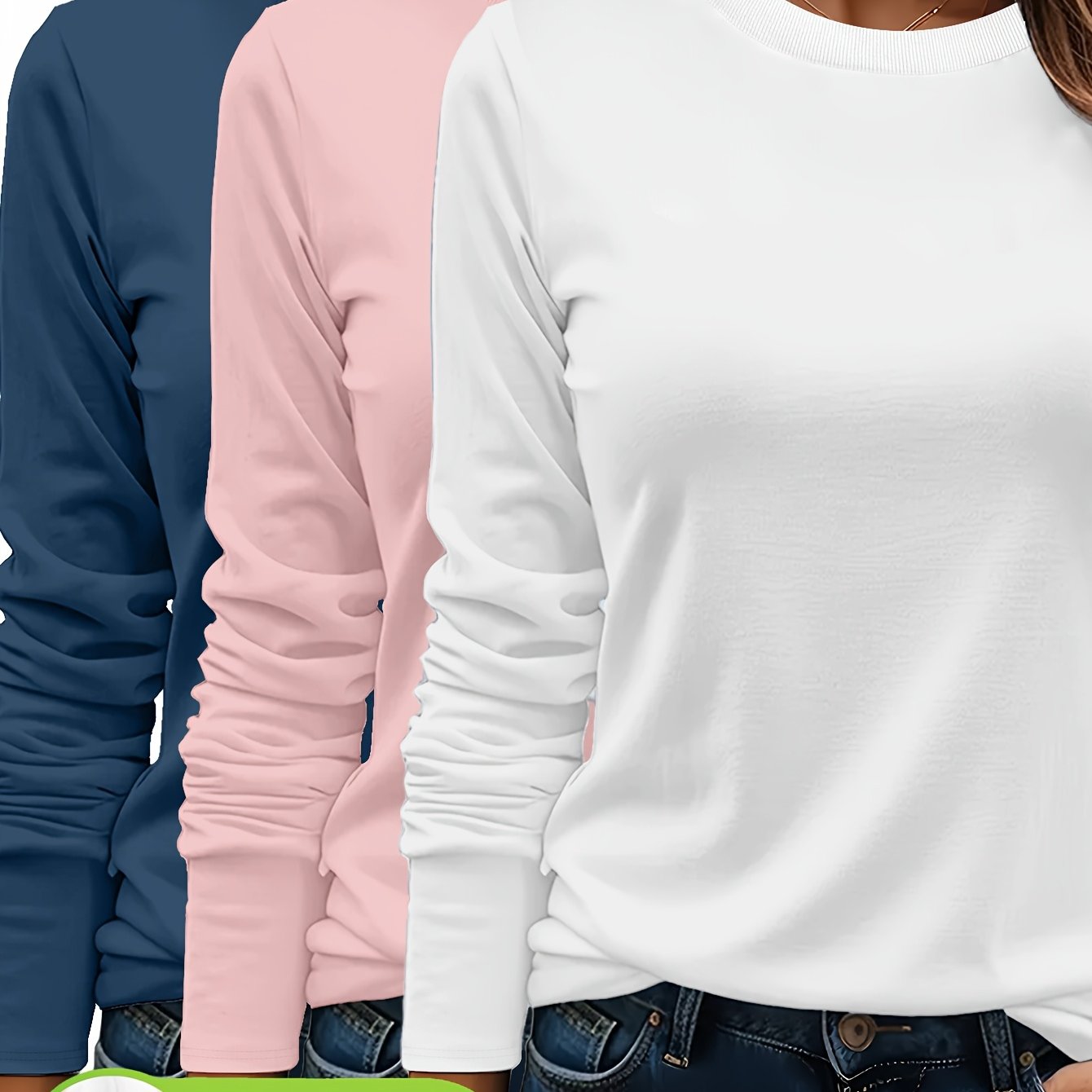 Lot De Trois T Shirts Femme Manches Longues Col Rond Coton 100 Pour Cent Confort Casual Basique by LSDLBoutique.ch