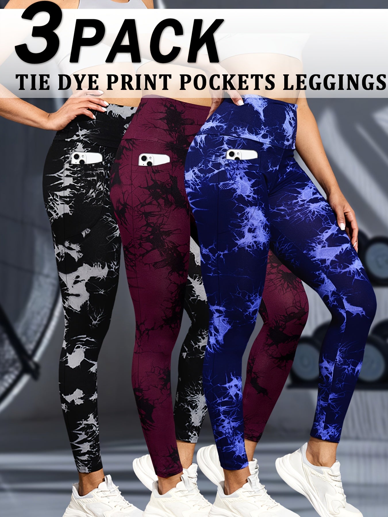 Lot De 3 Leggings Femme Taille Haute Avec Contrôle Du Ventre Imprimé Tie Dye Poches Stretch Opaques by LSDLBoutique.ch
