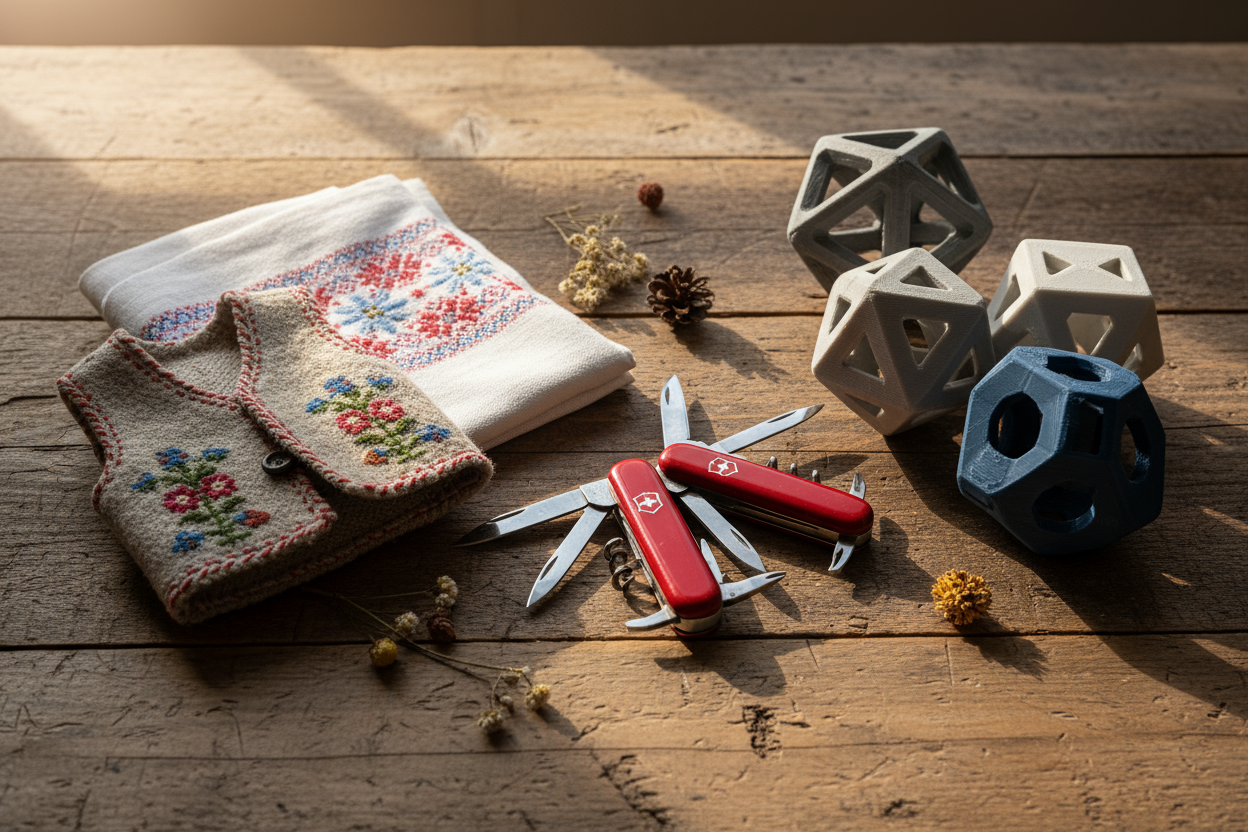 artisanat local, couteaux suisses, objet 3D ou vetements cousus main