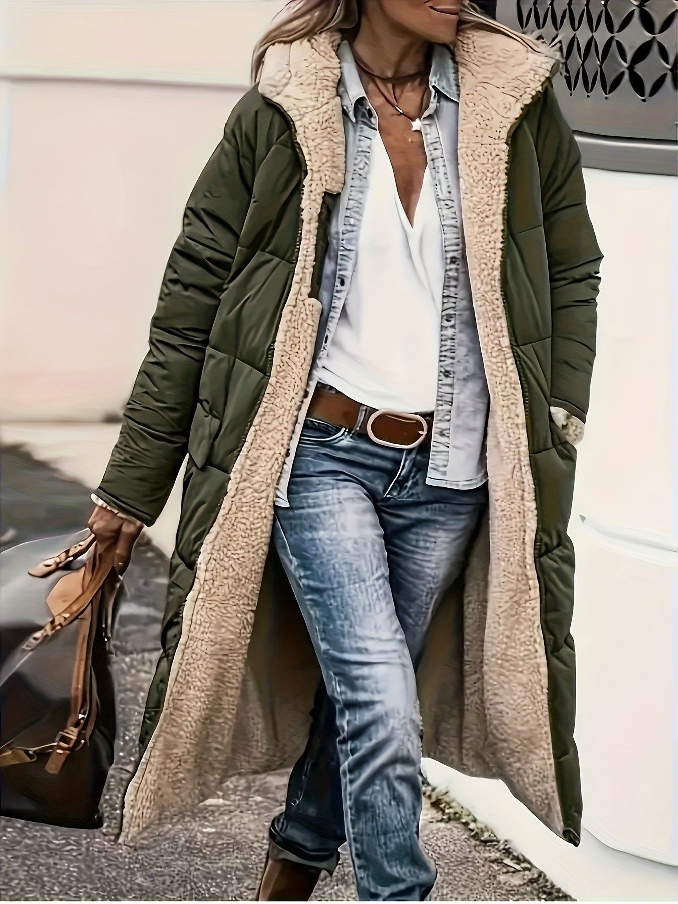 Manteau Femme Hiver Long Doublé Thermique À Capuche Poches Beige Marron Taupe Chaud by LSDLBoutique.ch