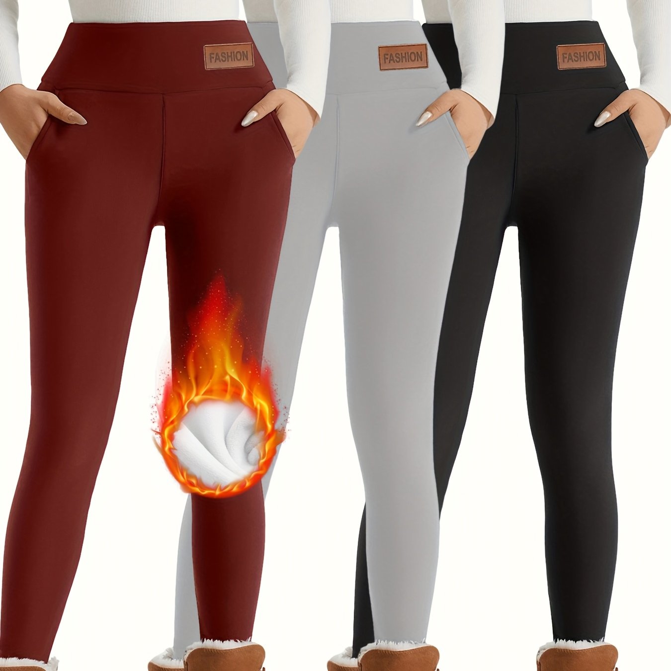 Lot De 3 Leggings Thermiques Femme Poches Taille Haute Doublés Polaire Doux Et Stretch by LSDLBoutique.ch