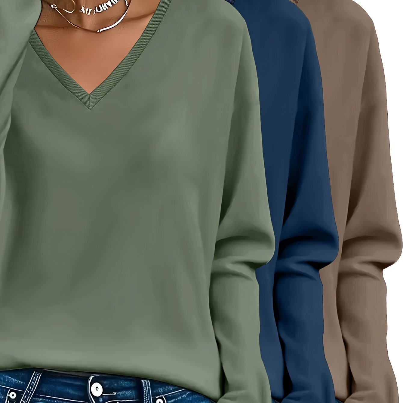 Lot de 3 Pulls Femme Col V Manches Longues 100 Pour Cent Coton Style Casual Élégant by LSDLBoutique.ch