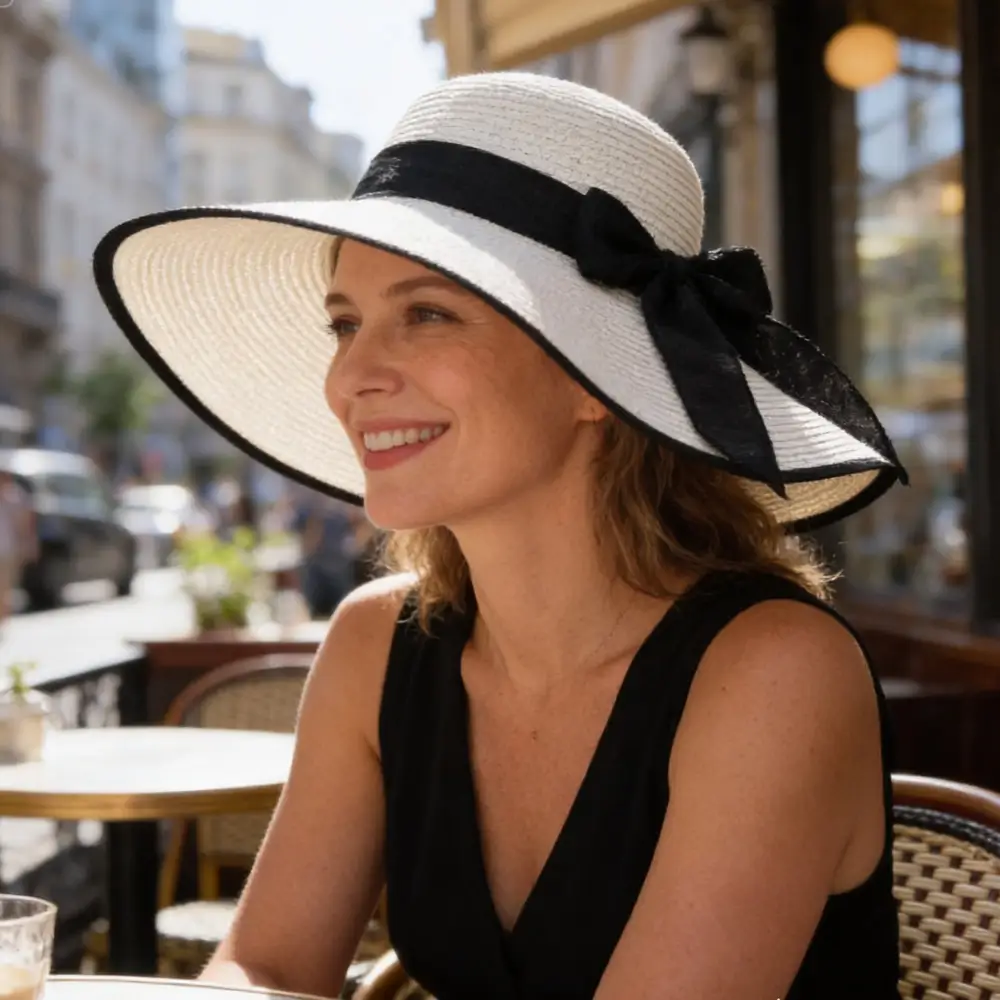 Straw beach hat with large brim and decorative bow