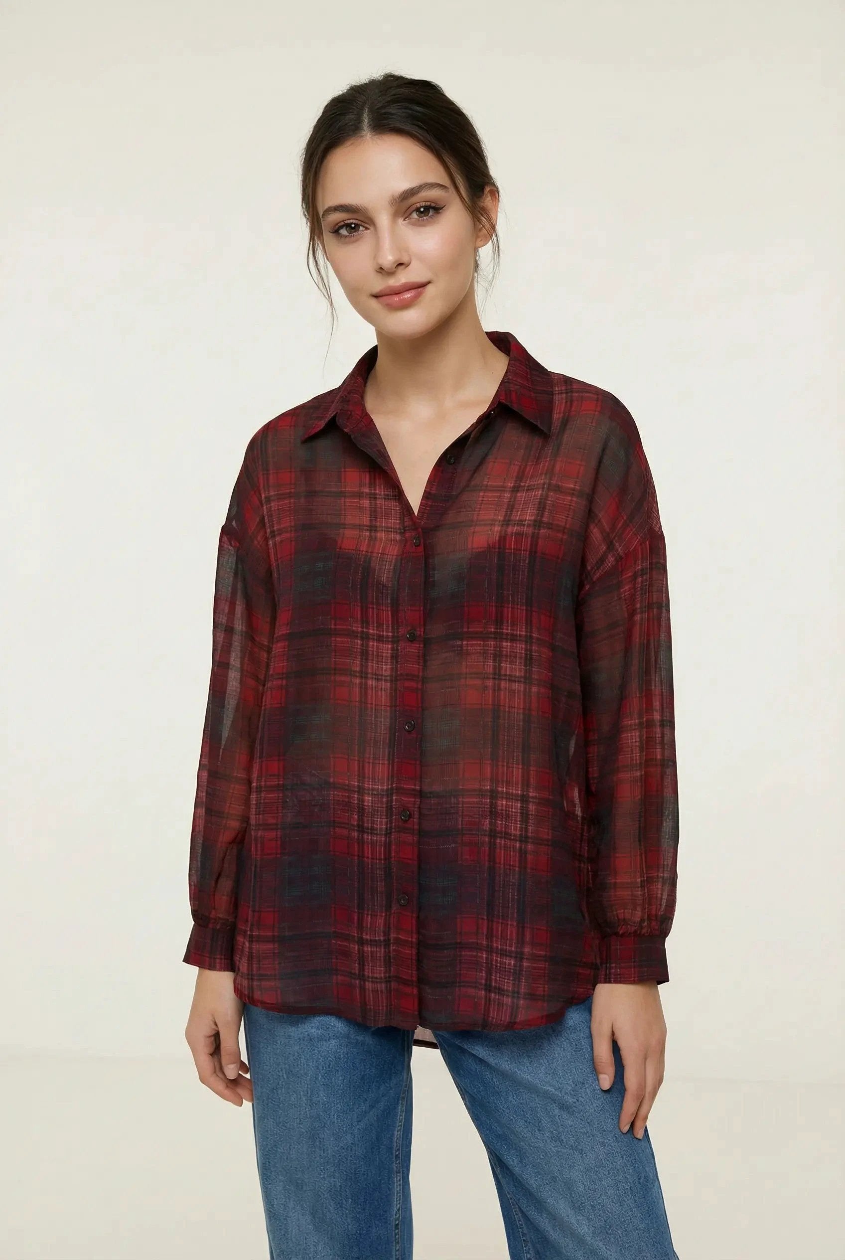 Rot-schwarz kariertes Langarm-Sonnenschutzhemd