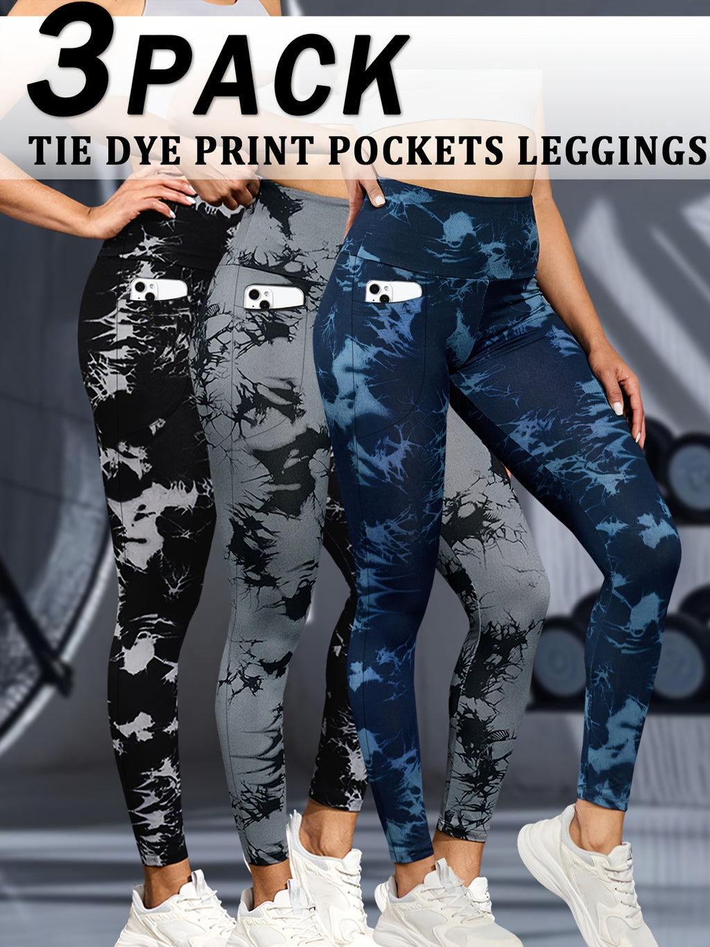 Lot De 3 Leggings Femme Taille Haute Avec Contrôle Du Ventre Imprimé Tie Dye Poches Stretch Opaques by LSDLBoutique.ch