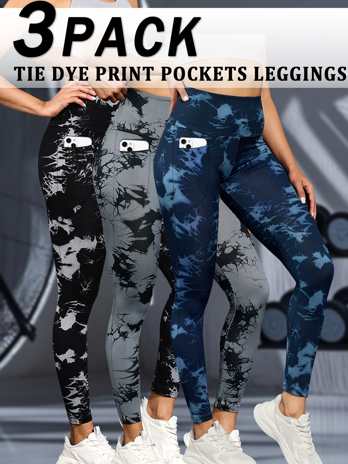 Lot De 3 Leggings Femme Taille Haute Avec Contrôle Du Ventre Imprimé Tie Dye Poches Stretch Opaques by LSDLBoutique.ch
