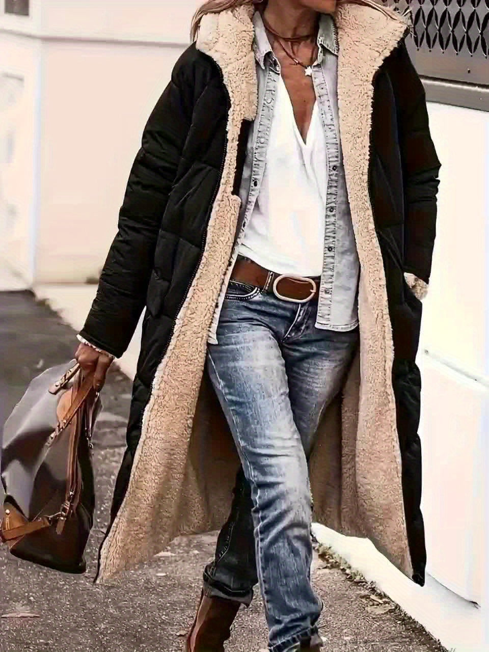 Manteau Femme Hiver Long Doublé Thermique À Capuche Poches Beige Marron Taupe Chaud by LSDLBoutique.ch