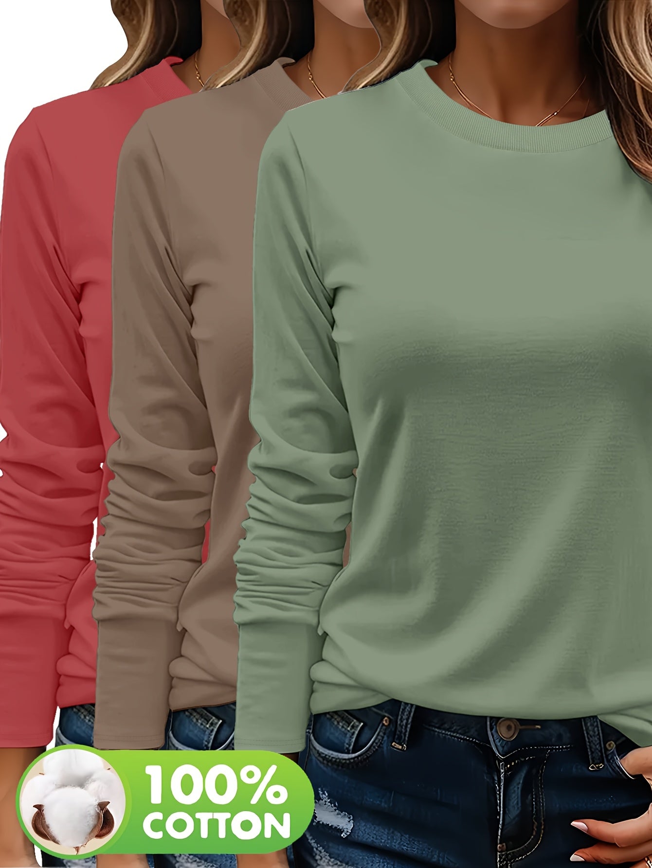 Lot De Trois T Shirts Femme Manches Longues Col Rond Coton 100 Pour Cent Confort Casual Basique by LSDLBoutique.ch