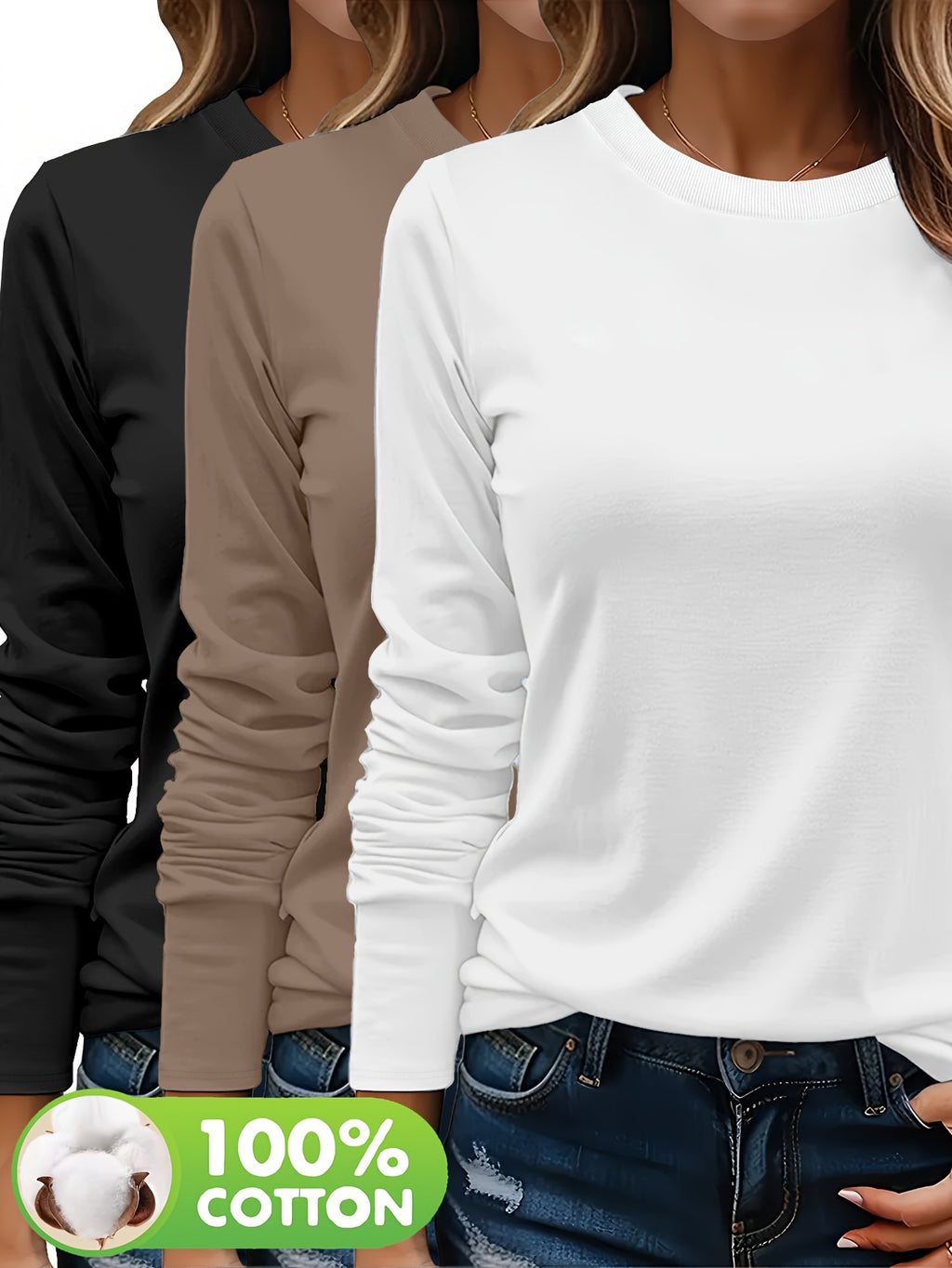 Lot De Trois T Shirts Femme Manches Longues Col Rond Coton 100 Pour Cent Confort Casual Basique by LSDLBoutique.ch