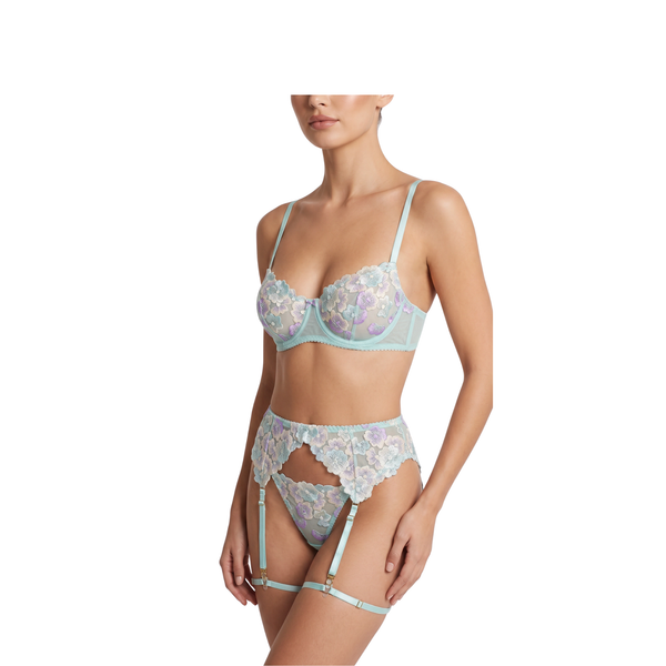Ensemble dentelle fleurie – Soutien-gorge, string & jarretelles