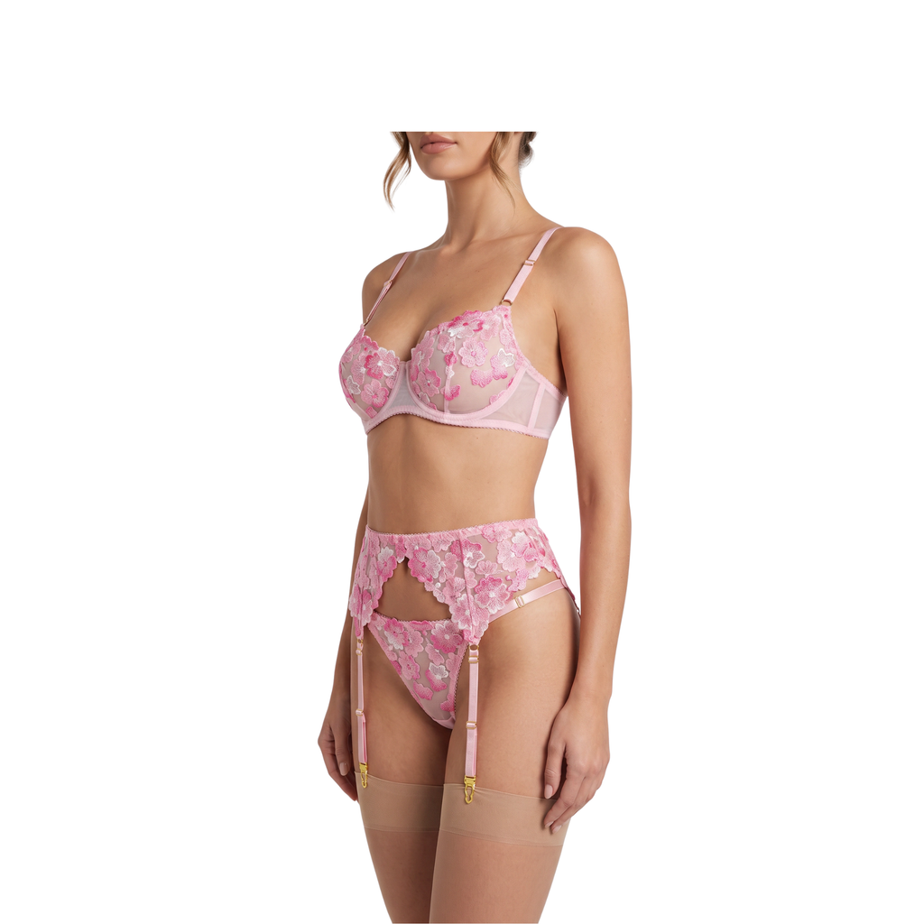 Ensemble dentelle fleurie – Soutien-gorge, string & jarretelles