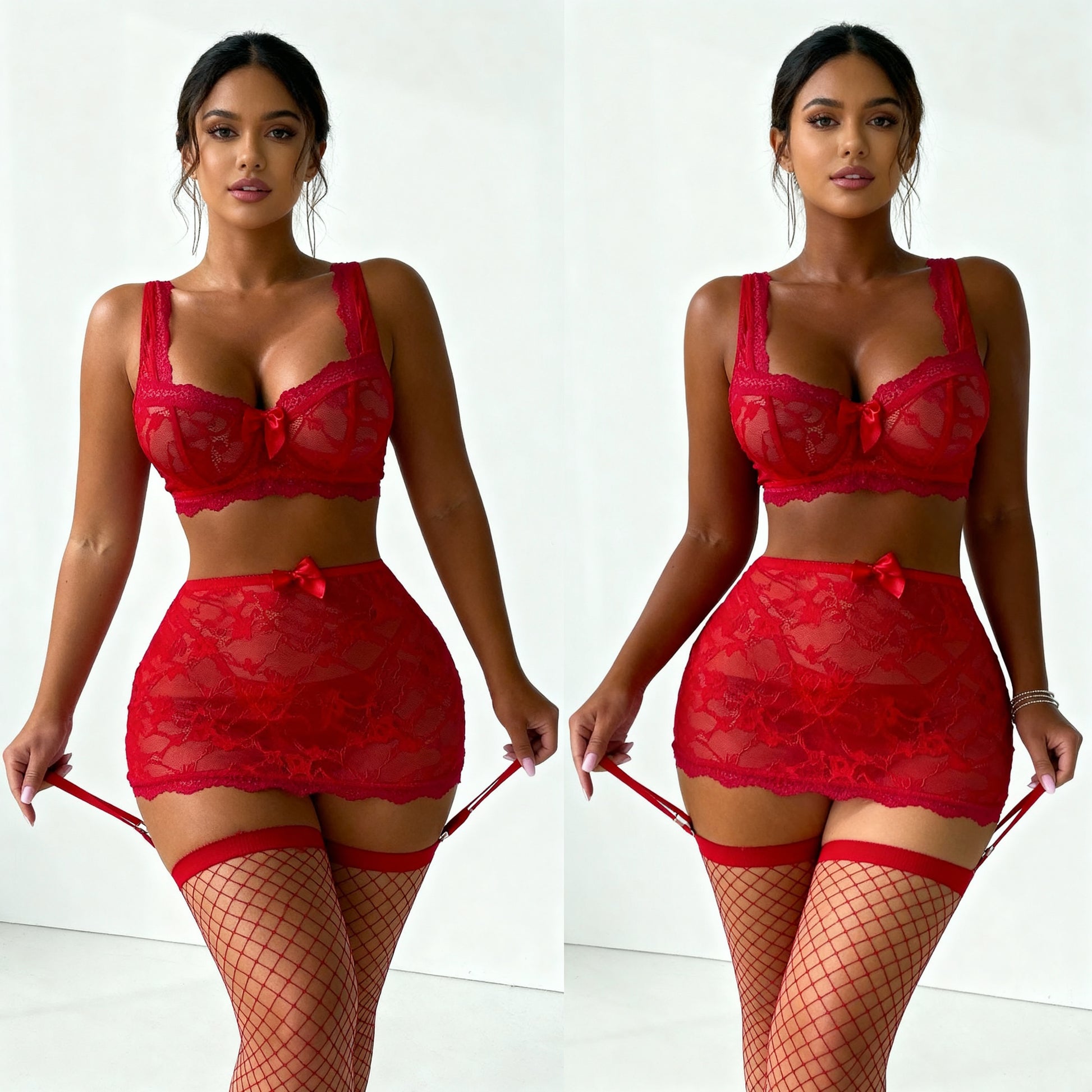 Marilyne Ensemble En Dentelle Rouge Avec Jupe Voile Transparente Deux Pieces Pour Femme Élégante by Les Secrets de Léa