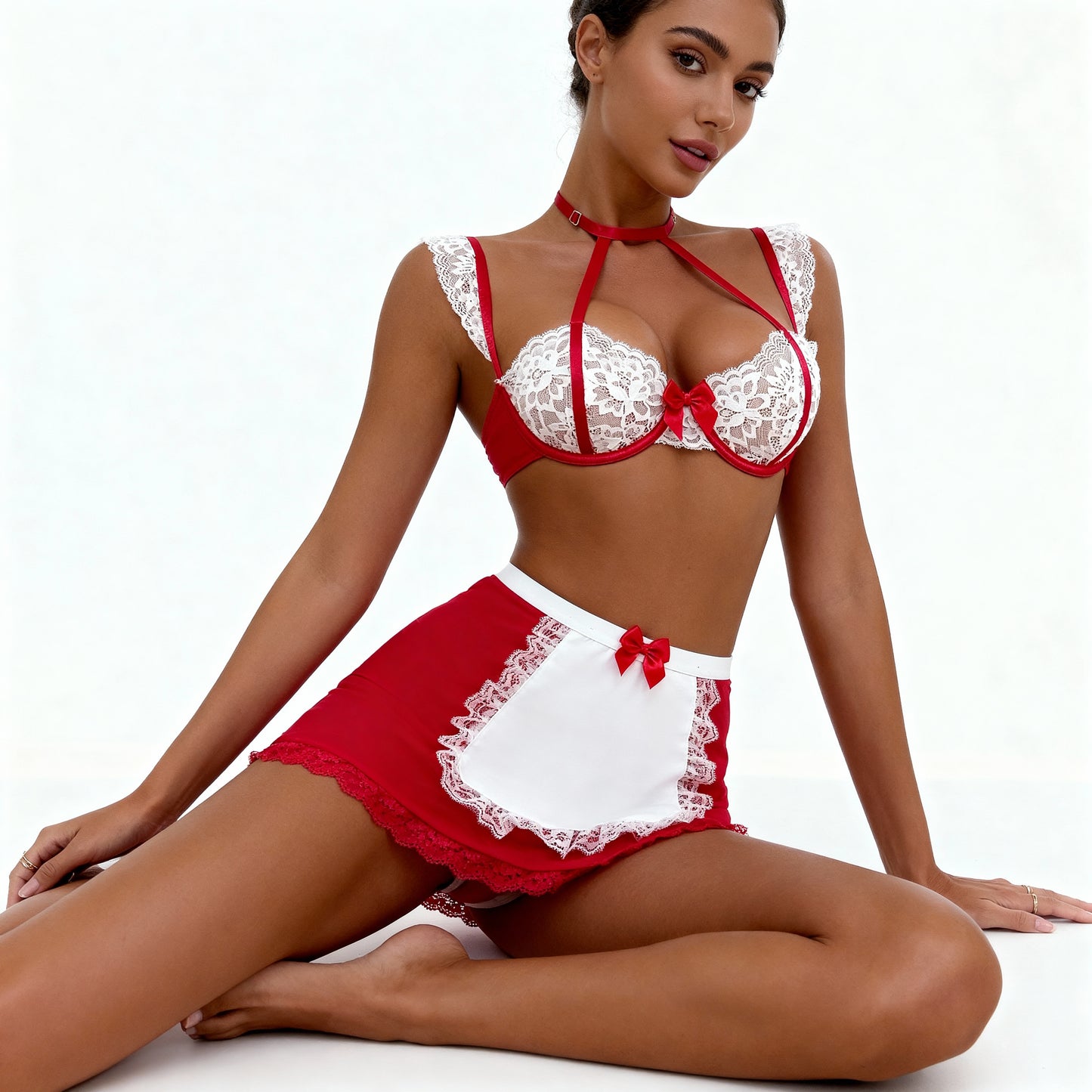 Louise - Red and White Lace - French Maid by Les Secrets de Léa