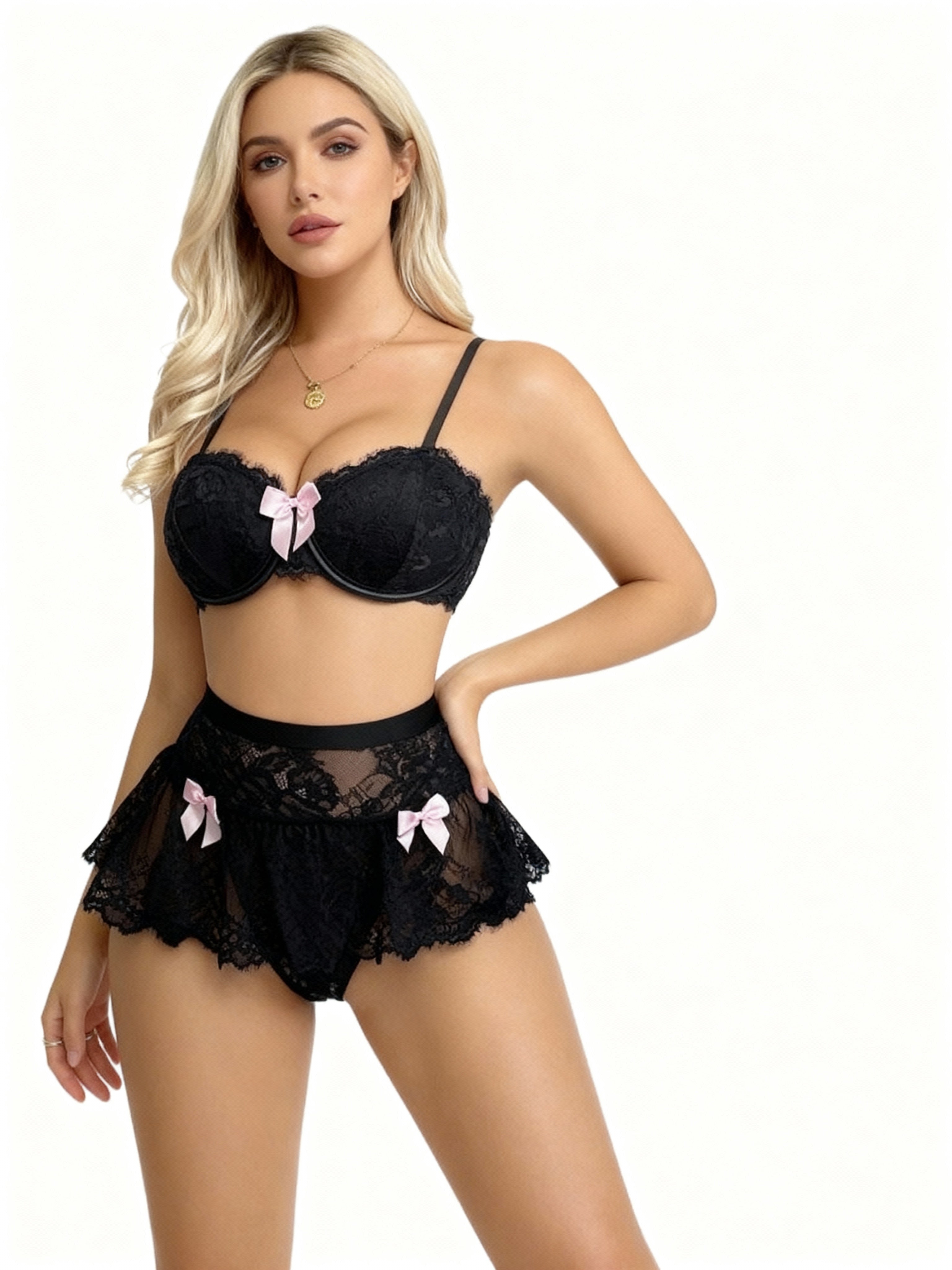 Anabelle Ensemble Soutien Gorge String Et Mini Jupe En Dentelle Noire Avec Volants Et Noeuds Roses by Les Secrets de Léa