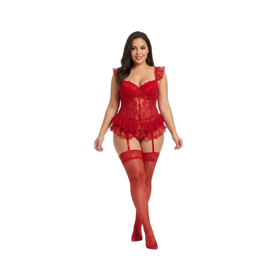 Ensemble lingerie dentelle rouge avec bretelles et jarretières – LSDLBoutique Camis, corset transparent