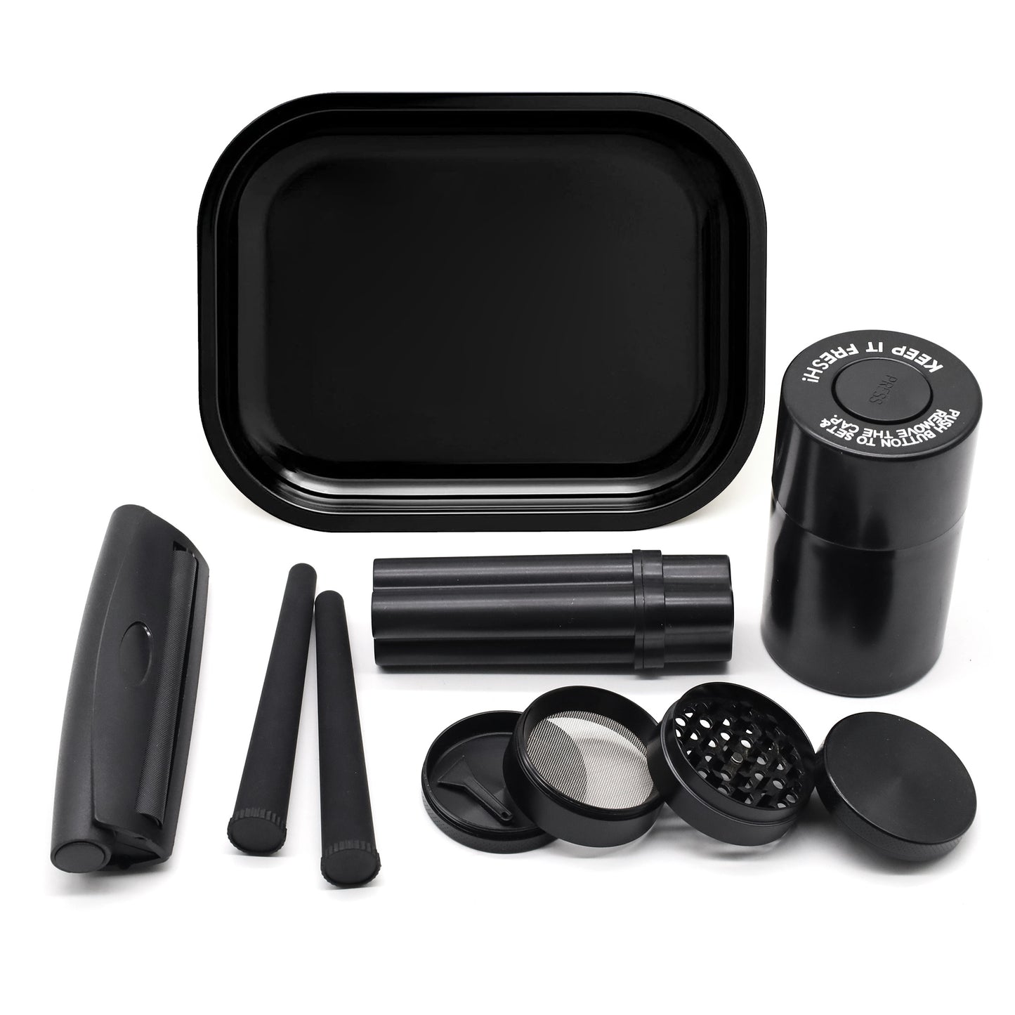 Set Fumeur Noir 7pcs : Grinder 50mm, Plateau, Pipe, Rouleur Cadeau by LSDLBoutique.ch