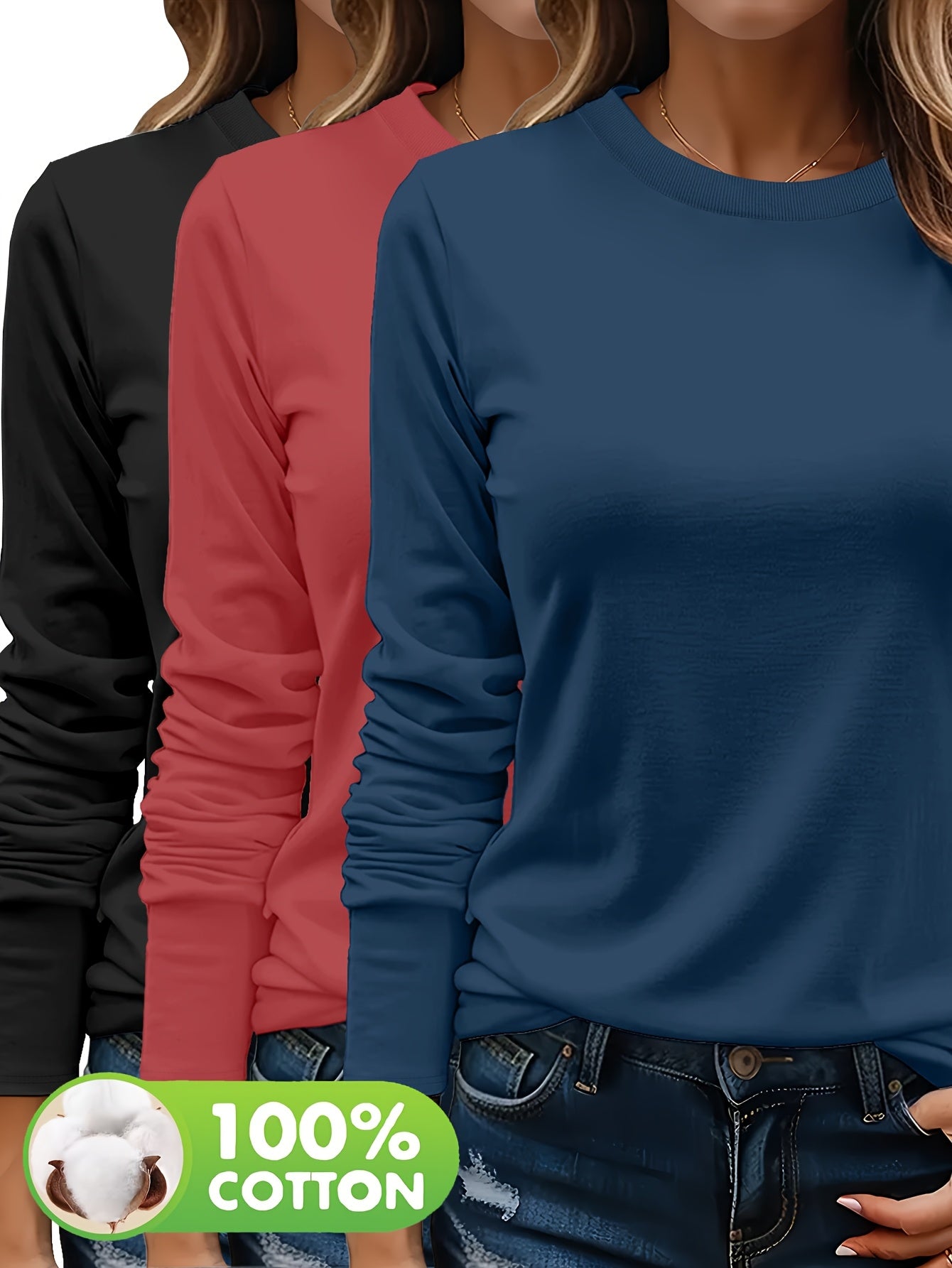 Lot De Trois T Shirts Femme Manches Longues Col Rond Coton 100 Pour Cent Confort Casual Basique by LSDLBoutique.ch