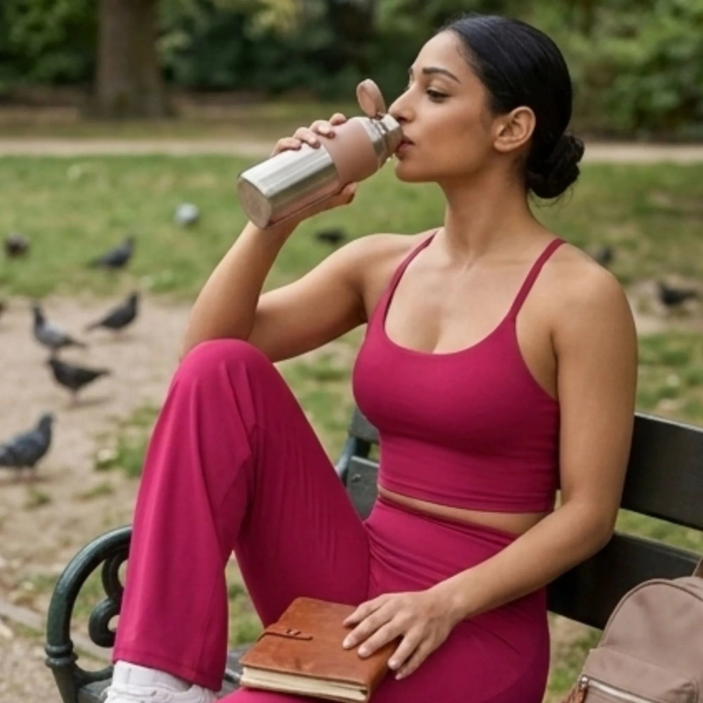 Image d'une femme portant l'ensemble d'entraînement fuchsia assise sur un banc de parc, buvant de l'eau. Elle a une expression détendue et un léger sourire. La bouteille d'eau est en métal brossé, et il y a une serviette de sport sur le banc à côté d'elle.
