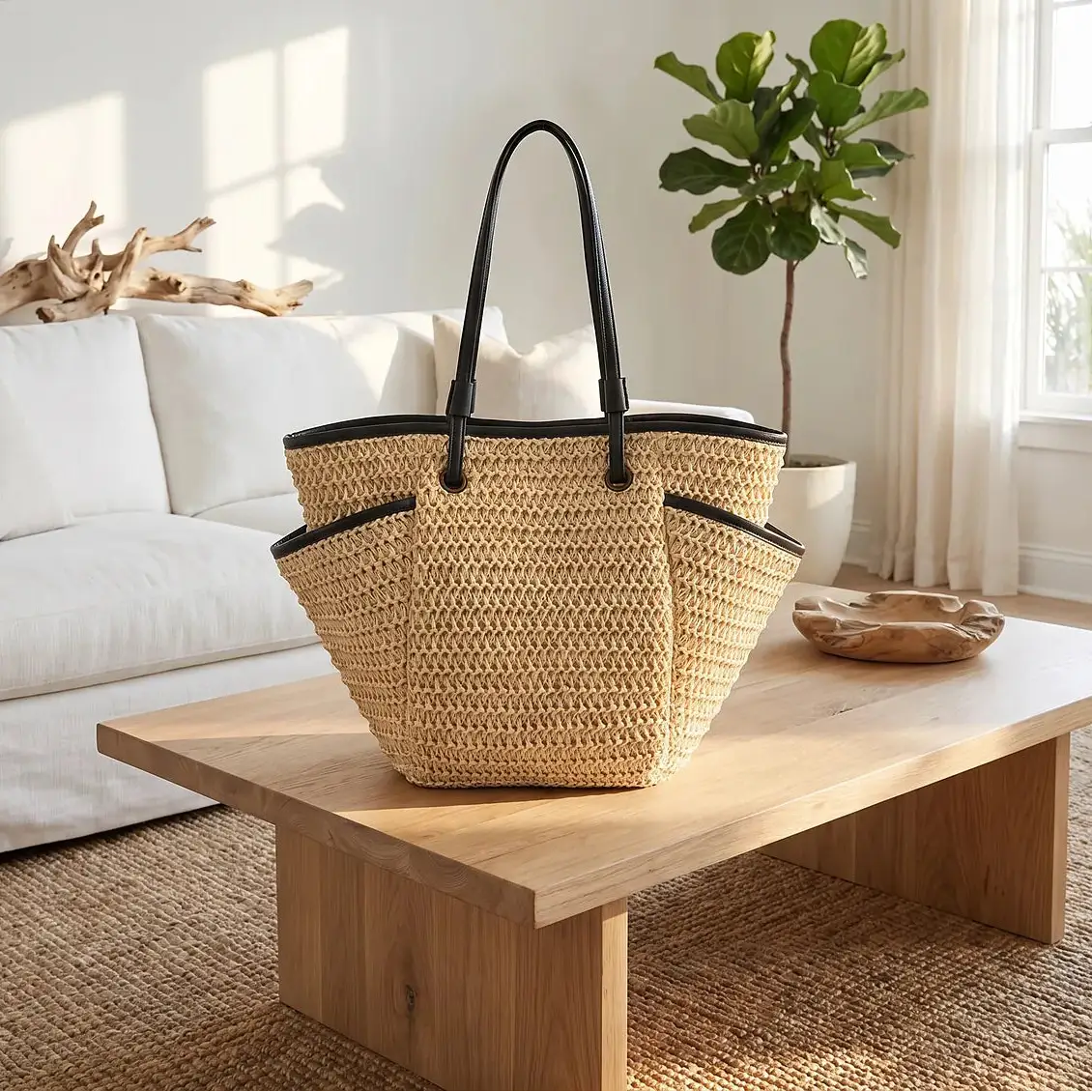Sac fourre-tout en paille grande capacité avec poignées noires, sac de plage LSDLBoutique