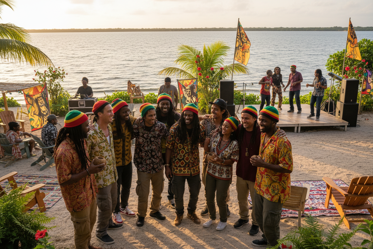 Groupe de personnes adultes allant de 20 à 55 ans style rasta et hip hop casquette, europeen africain latino arabes partage un moment convivialité au bord 'un étendu de lac et mer dans un décor jamaicain ambiance dancehall