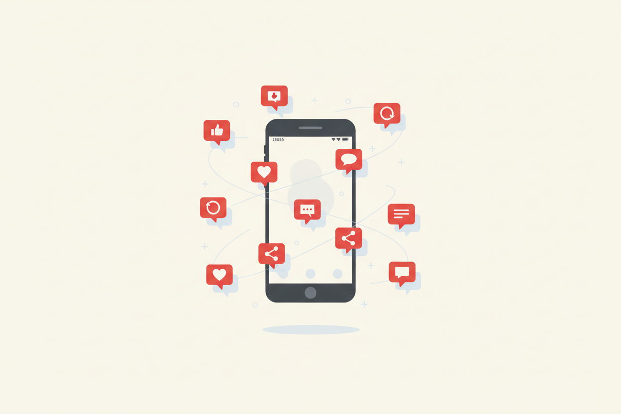 Illustration d’un smartphone affichant plusieurs bulles de notifications (like, partage, commentaire) flottant autour.
Palette : fond clair #FAFAFA, téléphone noir doux #333333, icônes principales rouges #E10600, ombrages doux bleus gris #98A2B3.
Style minimaliste et dynamique, reflétant la communication digitale.