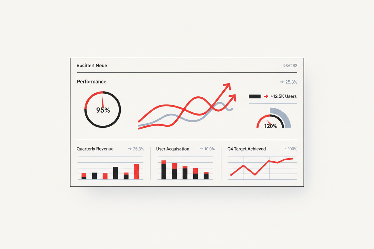 Illustration d’un tableau de bord digital avec courbes de croissance et jauges de performance.
Fond #FAFAFA, graphiques noirs doux #333333, lignes de croissance rouges #E10600, détails subtils bleus gris #98A2B3.
Design épuré, analytique, symbolisant la mesure et la précision.