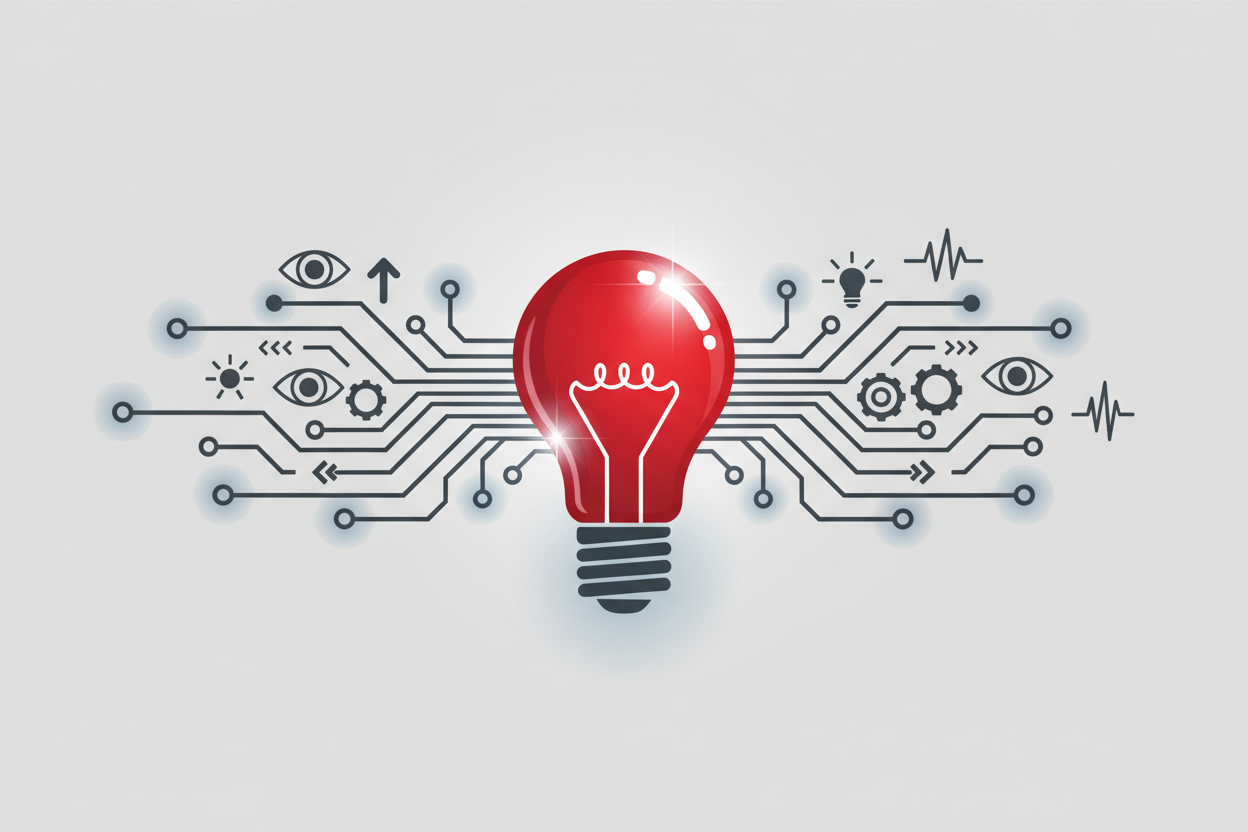 Illustration d’une ampoule stylisée rouge #E10600 connectée à des circuits ou symboles d’idées abstraites.
Fond #FAFAFA, lignes et circuits en #222222, lueurs douces #98A2B3, reflets lumineux blancs #FFFFFF.
Ambiance moderne, inspirante, évoquant l’innovation et l’énergie créative.