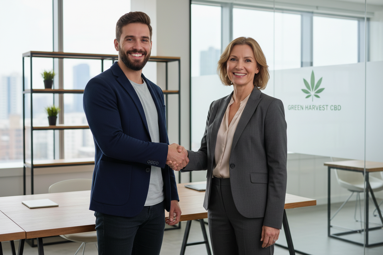 jeune entrepreneur de cbd shop ravi et serre la main d'un responsable marketing digital