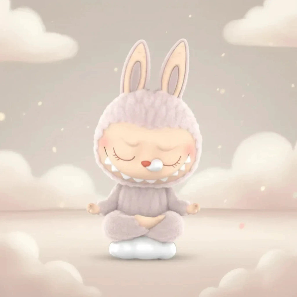 Figurine The Monsters Lazy Labubu – lavender plush bunny in meditative pose on a cloud