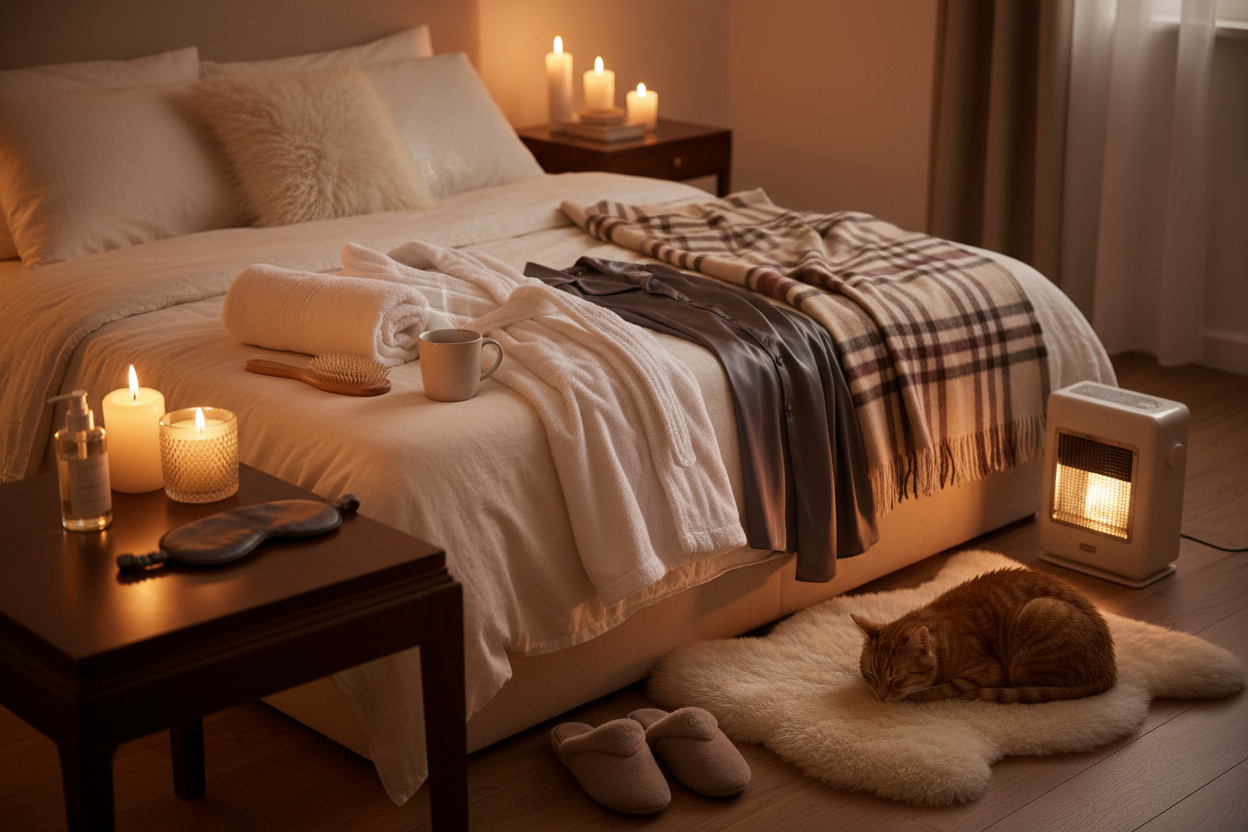 Mise en scène chaleureuse d’une chambre de nuit cosy, éclairée à la bougie et par une lumière douce. Sur le lit : un peignoir moelleux, une serviette pliée, un pyjama en soie, un coussin plaid, une tasse de thé fumant et une brosse à cheveux. Au sol : des chaussons, un petit chauffage d’appoint et un chat endormi sur un tapis. Sur la table de chevet : une huile de massage, un cache-yeux et une bougie parfumée allumée. Ambiance intime, féminine et apaisante, style cocooning chic, photographie de marque premi