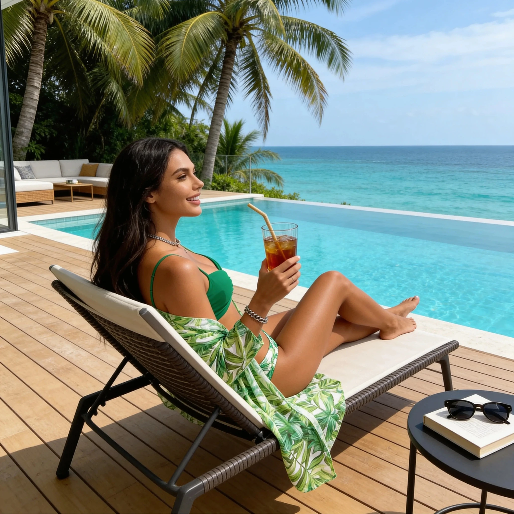 Maillots de bain Les Secrets de Léa – Ensemble Naïma: kimono tropical et bikini vert, motifs feuilles