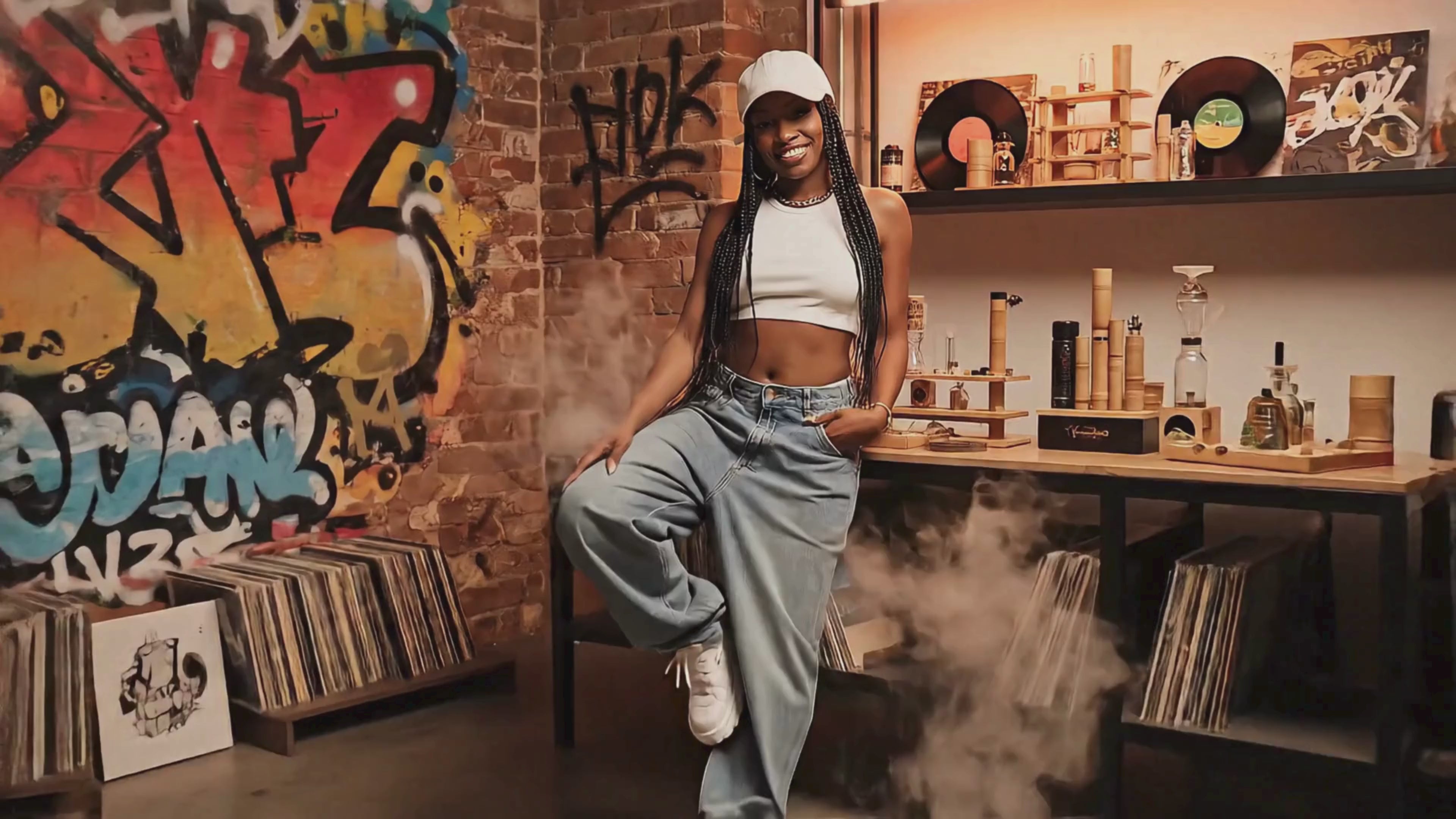 Load video: femme style hip hop souriante dans cadre avec accessoires fumeurs souhaite la bienvenue sur chillvibes par LSDLBoutique