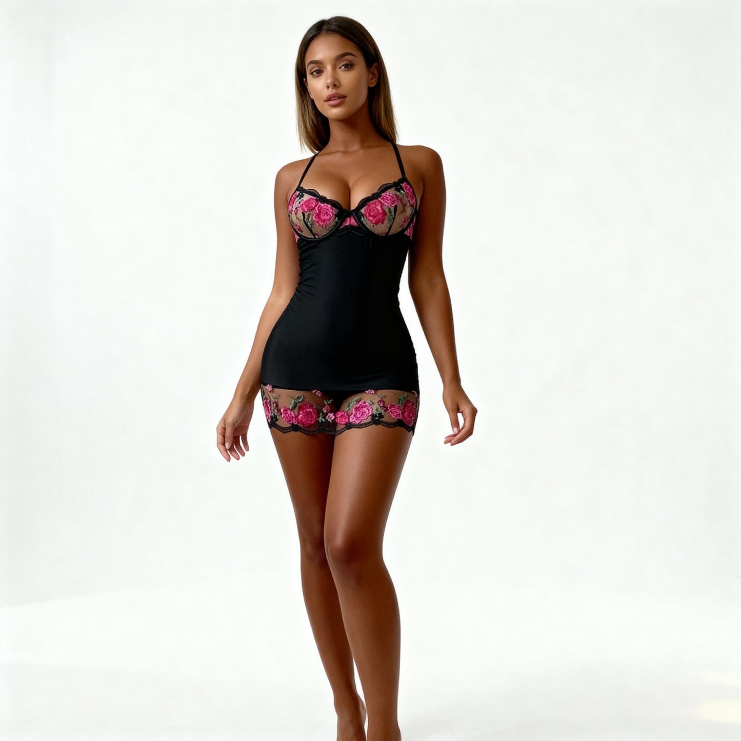 Leticia Nuisette Noire Élégante Avec Broderie Florale Rose Pour Une Silhouette Raffinée by Les Secrets de Léa